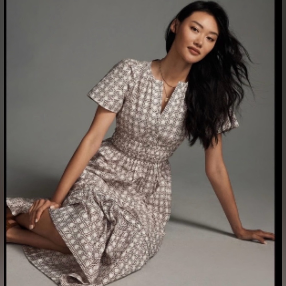 Anthropologie Somerset Maxi Dress WhiteBrownish red Basket Weave PrintSZ 1X NWOT